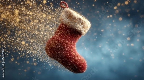 Fototapeta Santa sock floating in zero gravity surrounded by sparkling golden particles
