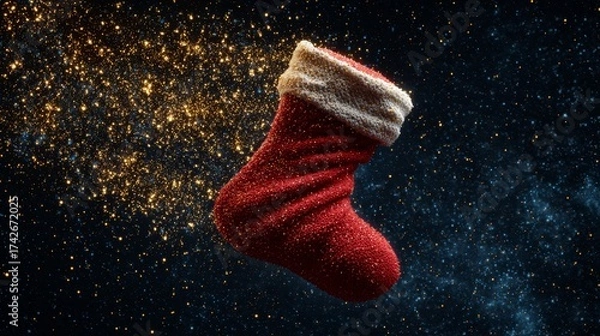 Fototapeta Santa sock floating in zero gravity surrounded by sparkling golden particles