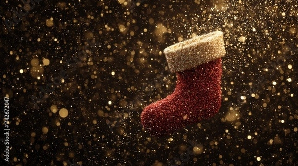 Fototapeta Santa sock floating in zero gravity surrounded by sparkling golden particles