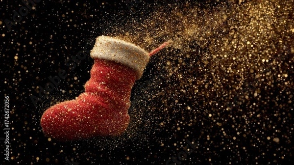 Fototapeta Santa sock floating in zero gravity surrounded by sparkling golden particles