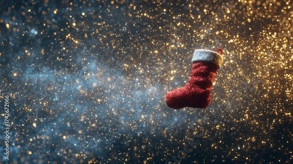 Fototapeta Santa sock floating in zero gravity surrounded by sparkling golden particles
