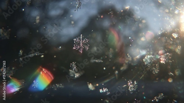 Fototapeta Slow motion crystal snowflakes with rainbow prismatic reflections