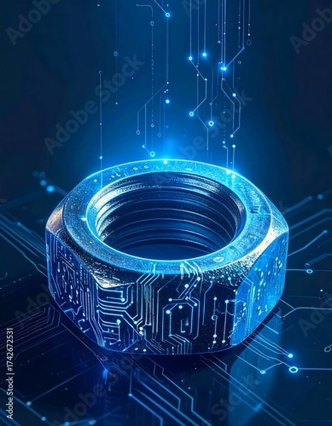 Fototapeta Metallic nut atop a circuit board, with glowing blue digital lines
