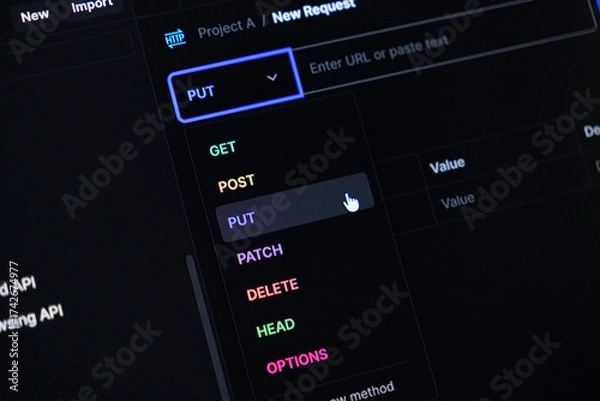 Fototapeta API development tool interface displays various HTTP request methods, with a mouse cursor selecting the PUT option for web programming projects