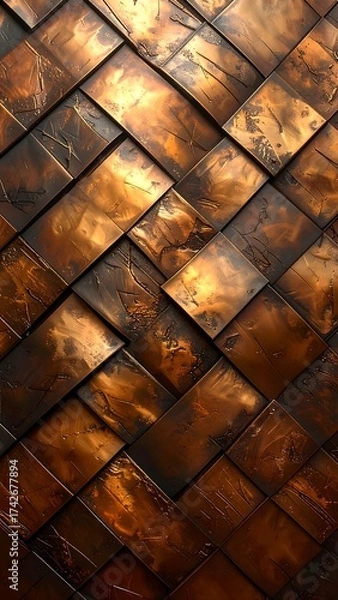 Fototapeta Metallic texture of woven squares, capturing warm hues and dimensional depth