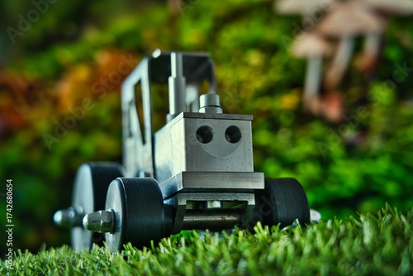 Fototapeta A whimsical macro scene where a toy tractor meets a mushroom forest—blending childhood, fantasy, and industry in a playful visual metaphor. Ideal for themes of creativity, storytelling, and innovation