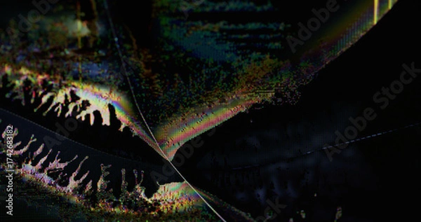 Fototapeta Electronic noise. Pixel signal. Purple yellow color fluid glowing rainbow artifacts distressed explode effect on dark black abstract bokeh background.