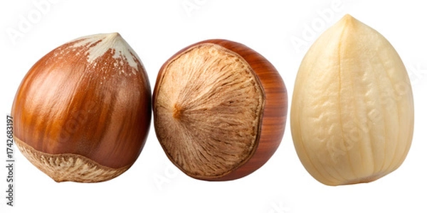 Fototapeta Three hazelnuts one shelled one partially shelled one whole on black filbert food