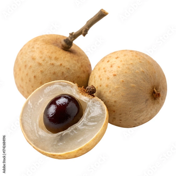 Fototapeta Three whole and one halved longan fruit with dark seed and translucent flesh tropical fruit