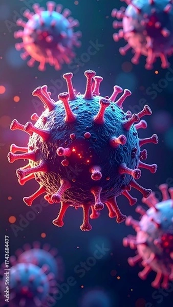 Fototapeta Microscopic depiction of a virus with spiky projections, glowing