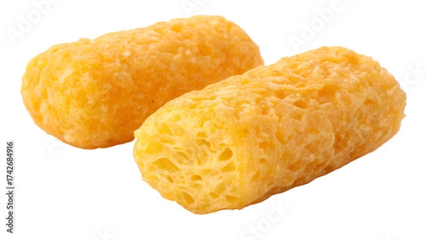 Fototapeta Two golden yellow cheese puffs with porous texture on black snack junk food