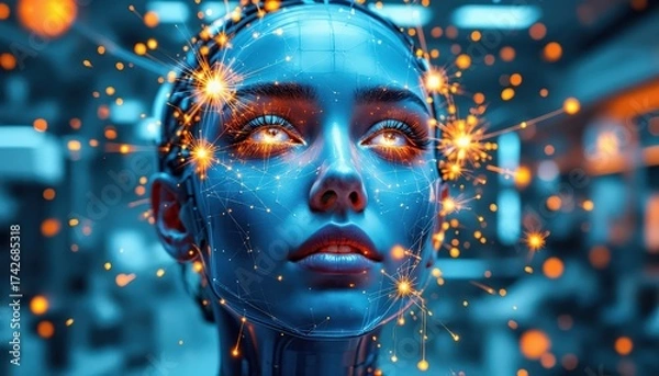 Fototapeta Close up of a Futuristic Ai Robots Face with Glowing Orange Eyes and Intricate Digital Network Overlay, Surrounded by Sparkling Energy Particles