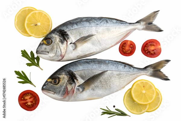 Fototapeta Two whole raw sea bream fish with lemon slices and tomatoes on black dorado