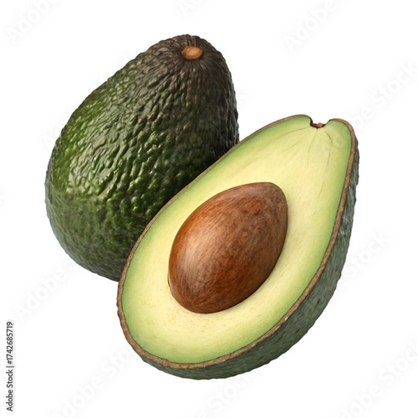 Fototapeta Whole and halved avocado with brown seed on black background whole avocado pit