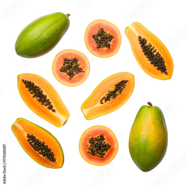 Fototapeta Assorted papaya fruit whole cut halves and slices on black tropical food