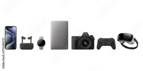 Fototapeta A Diverse Array of Modern Electronic Gadgets Showcased as a Transparent PNG.