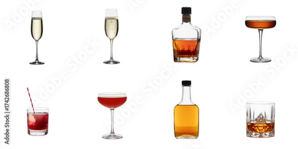 Fototapeta Diverse Alcoholic Beverages and Liquor Bottles on Transparent Background