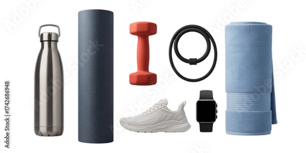 Fototapeta A curated collection of modern fitness and workout equipment is neatly arranged on a pristine white background.