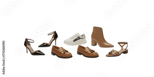Fototapeta A diverse collection of women's shoes, from high heels to sneakers, is presented on a transparent background.