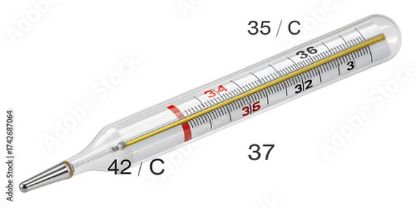 Fototapeta Classic glass mercury thermometer with yellow liquid and Celsius scale temperature