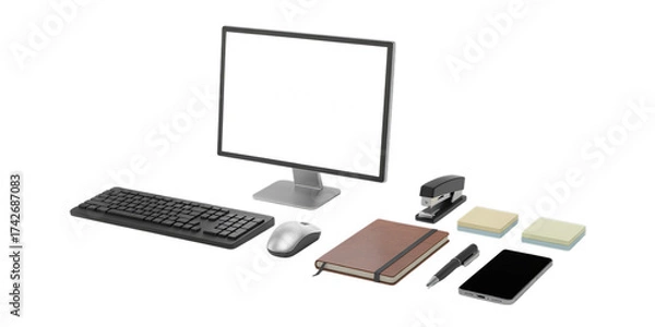 Fototapeta A curated collection of essential modern office supplies and technology, including a computer, keyboard, mouse, smartphone, and stationery, isolated on a white background as a transparent PNG.