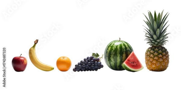 Fototapeta A vibrant assortment of fresh, healthy fruits including an apple, banana, orange, grapes, watermelon, and pineapple, artfully arranged on a transparent background.