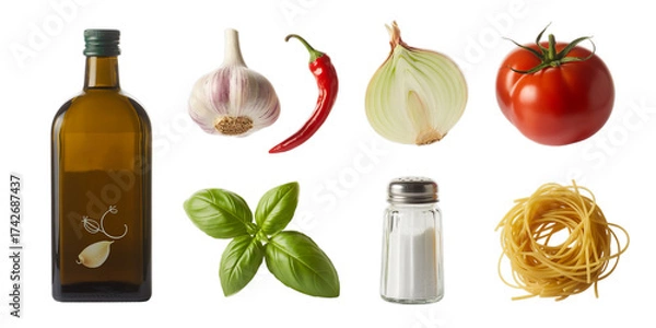 Fototapeta A vibrant assortment of fresh Italian cooking ingredients is individually displayed as transparent PNG cutouts.