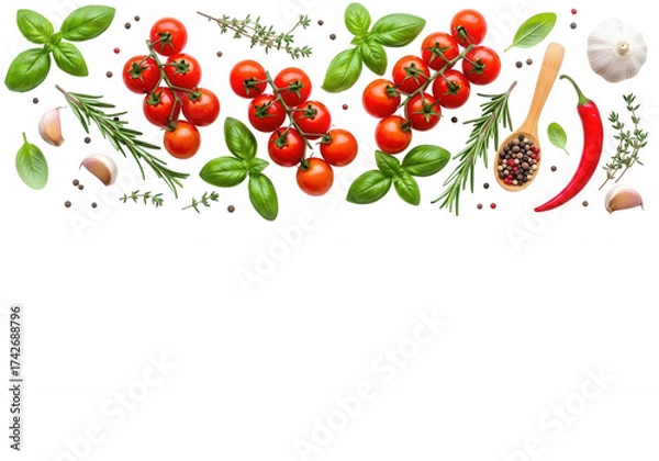 Obraz Ripe Tomatoes Herbs Garlic Chili Pepper isolated on a transparent background