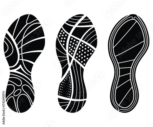 Fototapeta Vector illustration of shoe footprints on beach sand. Footprint sport shoe isolated on white background.