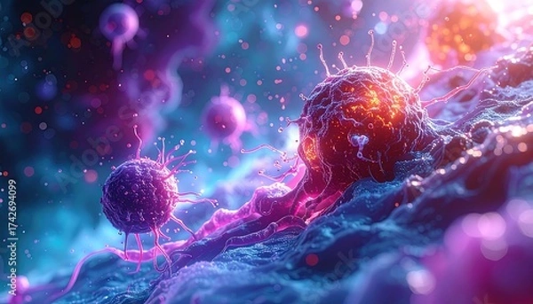 Fototapeta Microscopic view of glowing cells with membrane-like structures