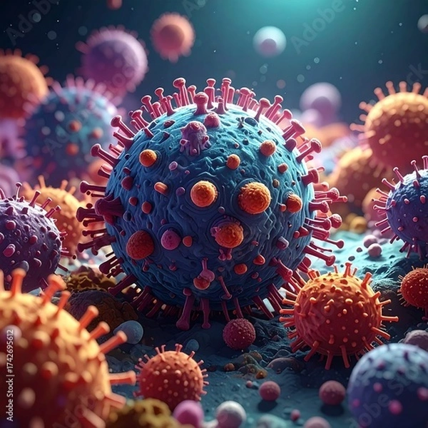 Fototapeta Microscopic view of numerous virus particles, vibrant and colorful