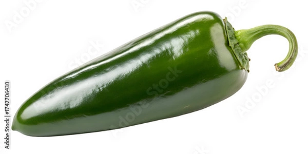 Fototapeta Glossy green jalapeno pepper with curved stem on black background chili vegetable
