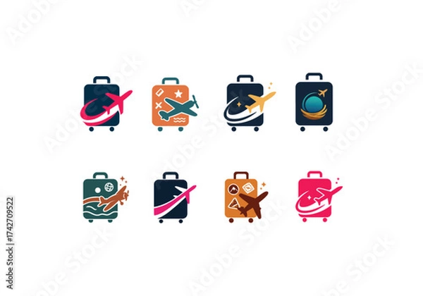 Obraz Travel Suitcase logo, suitcase logo with airplane icon set vector design