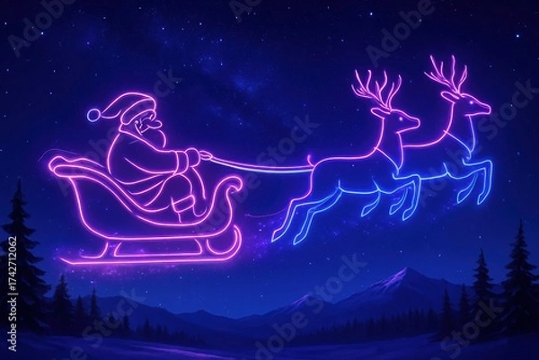 Fototapeta Neon glowing outline of Santa Claus in sleigh with reindeer flying across starry polar night sky above snowy landscape with mountains and pine trees.