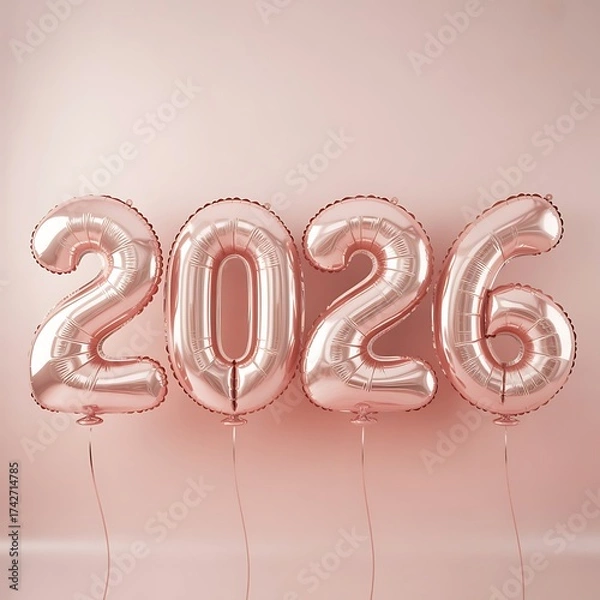 Fototapeta Rose gold 2026 balloon numbers floating against a soft pink backdrop