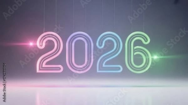 Fototapeta Glowing 2026 new year design with colorful neon lights and modern background