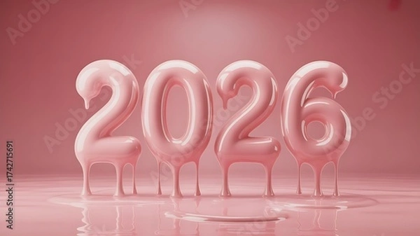 Fototapeta Pink balloon 2026 year with dripping paint effect on a monochrome background