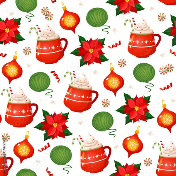 Fototapeta Vector cartoon Christmas seamless pattern with poinsettia flowers, mugs with whipped cream and candy canes, yarn balls, christmas toys, candies and confetti isolated on a white background.