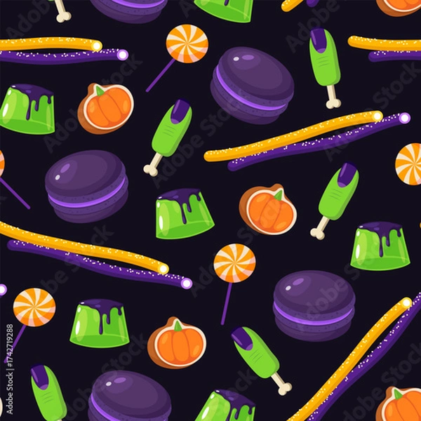 Fototapeta Halloween seamless pattern with sweets including colorful lollipops, purple macarons, pumpkin cookies, jellies, finger cookies with bones isolated on dark background.