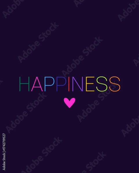 Fototapeta Digital illustration with lettering Happiness in vibrant rainbow colors, each letter in a different color, placed on a deep purple background with decorative dashed purple line. 