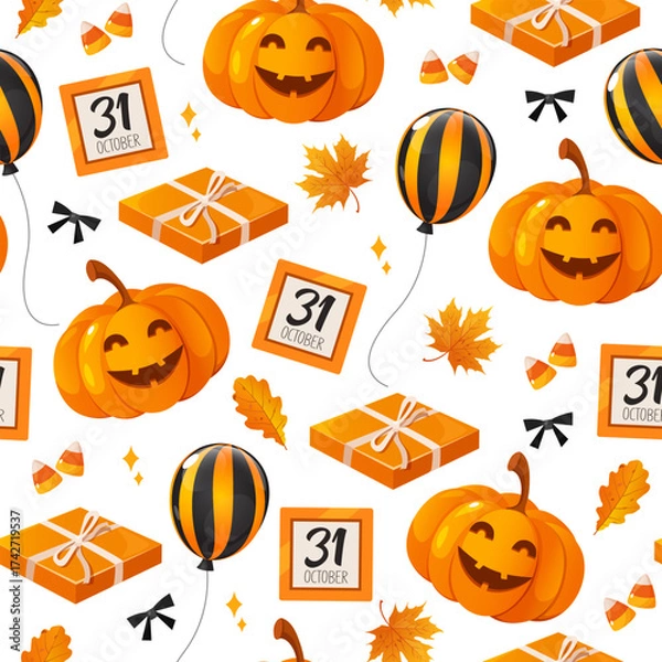 Fototapeta Vector seamless pattern for Halloween holiday with smiling pumpkins, gift boxes, black and orange striped balloons, candy corns, black bows, calendar pages showing "31 October", and autumn leaves