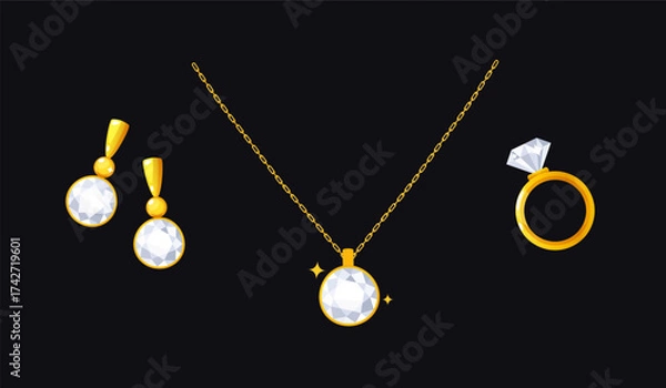Fototapeta Vector illustration of golden jewelries with diamonds isolated on a black background, including a pair of earrings, a necklace, and a ring. 