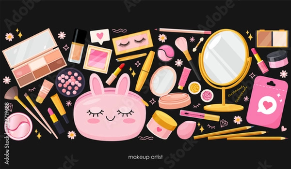 Fototapeta Vector art illustration of makeup products on a black background, with makeup bag, various cosmetics such as eyeshadow palettes, foundation, lipstick, mascara, brushes, a mirror, and other accessories