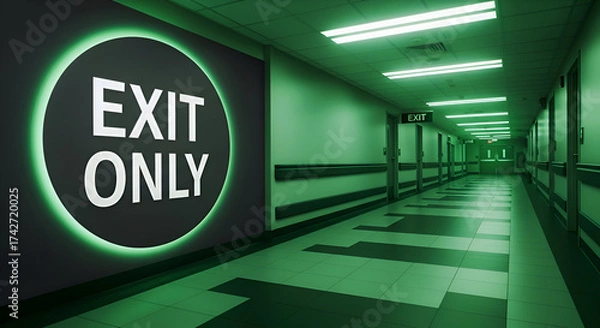 Fototapeta Emergency Exit Signage In Aligned Hallway, With Green Lighting, And Doors Ahead In The Facility