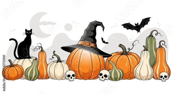 Fototapeta Whimsical halloween scene with pumpkins witch hat black cat bat and skulls festive autumn decoration vector