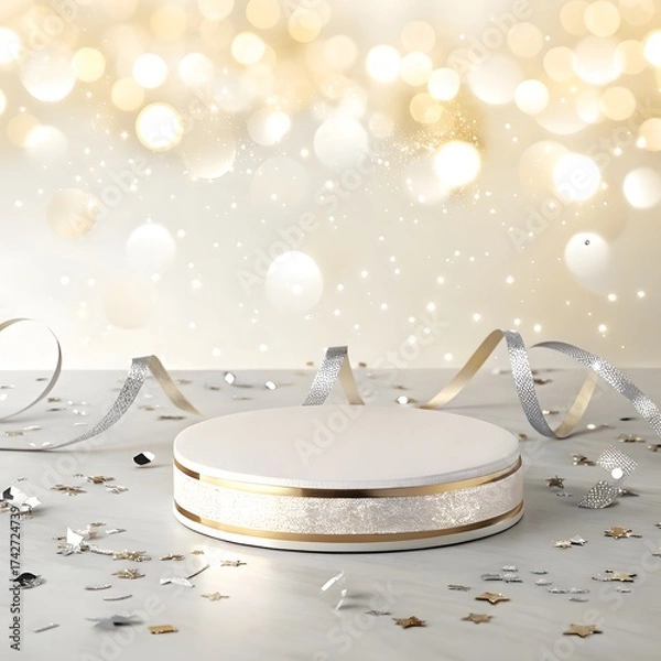 Fototapeta Elegant podium with sparkling confetti and festive bokeh lights