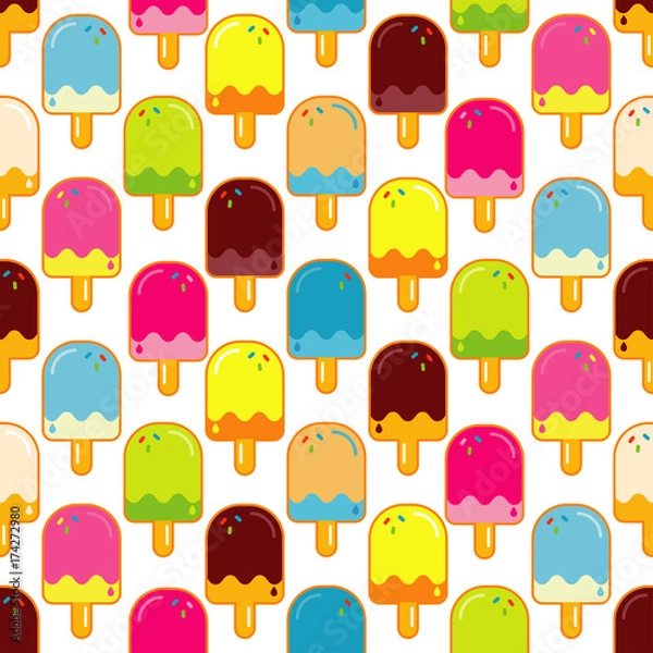 Fototapeta Seamless vector background with decorative Popsicle. Pattern with ice cream.  Cute cartoon Popsicle. Textile rapport.
