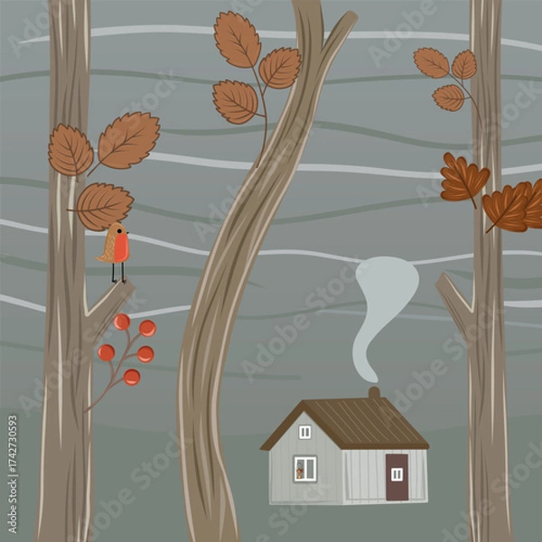 Fototapeta A charming autumn scene featuring a cozy house with a brown roof and red door, surrounded by bare trees with scattered orange leaves. A small bird perches on a branch, adding a touch of life to the se