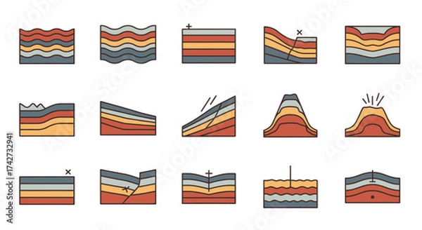 Obraz Geological cross sections icon set showing earth layers and formations.