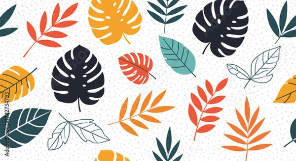 Fototapeta A vibrant collection of abstract tropical leaves in various colors and shapes.
